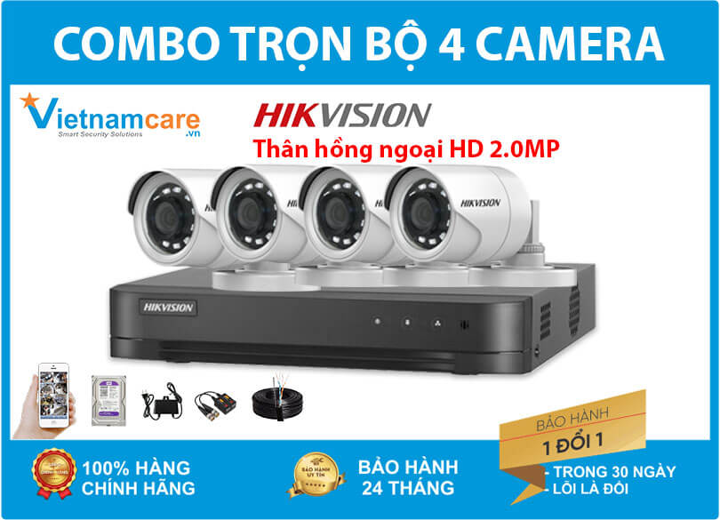 Combo trọn bộ 4 camera thân hồng ngoại HD 2.0MP HIKVISION