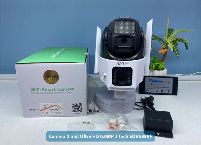 Camera 2 mắt Ultra HD 6.0MP WiFi quay quét 360 độ ngoài trời J-Tech SUV6858F Smart Light