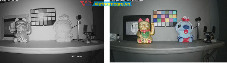 Hình ảnh test so sánh Camera HD 1080P thường (trái) và Camera ColorVu HIKVISION (phải) trong phòng tối
