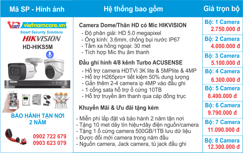 Báo giá lắp đặt trọn bộ dòng camera có âm thanh HD 5.0MP HIKVISION