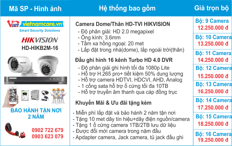 Giá lắp đặt trọn bộ 9-16 camera Hikvision
