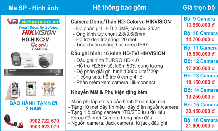 Giá lắp đặt trọn bộ 9-16 camera HD Colorvu Hikvision - Tặng ổ cứng camera 1TB