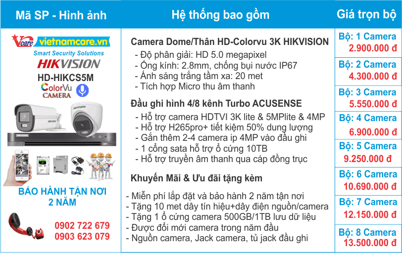 Bảng giá lắp đặt trọn bộ camera HD Colorvu HD 5.0MP