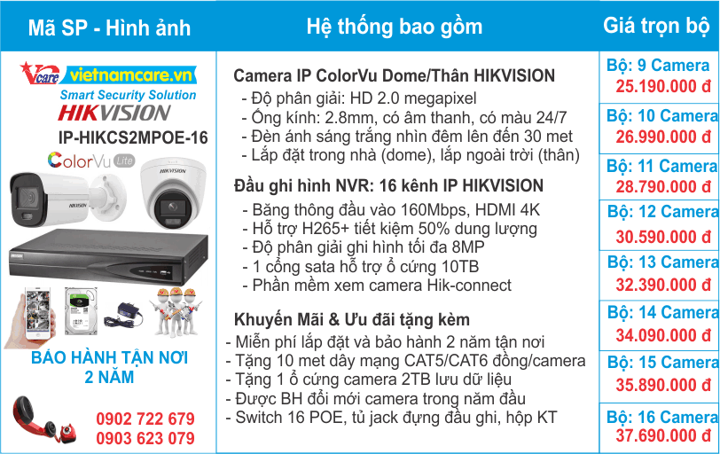 Giá lắp đặt trọn bộ 9 đến 16 camera IP colorvu - có màu ban đêm