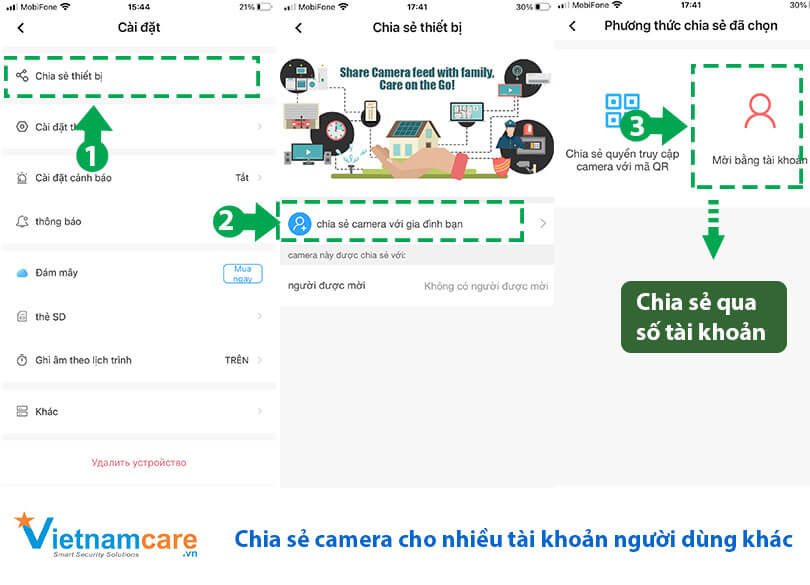 Hướng dẫn cách chia sẻ thiết bị camera CareCam cho tài khoản người dùng khác