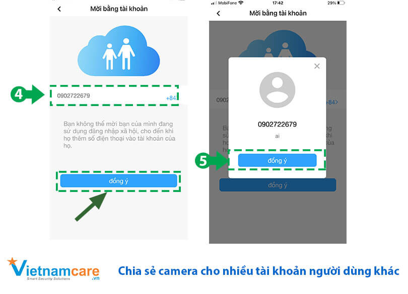 Quá trình chia sẻ camera CareCam cho tài khoản người dùng khác thành công